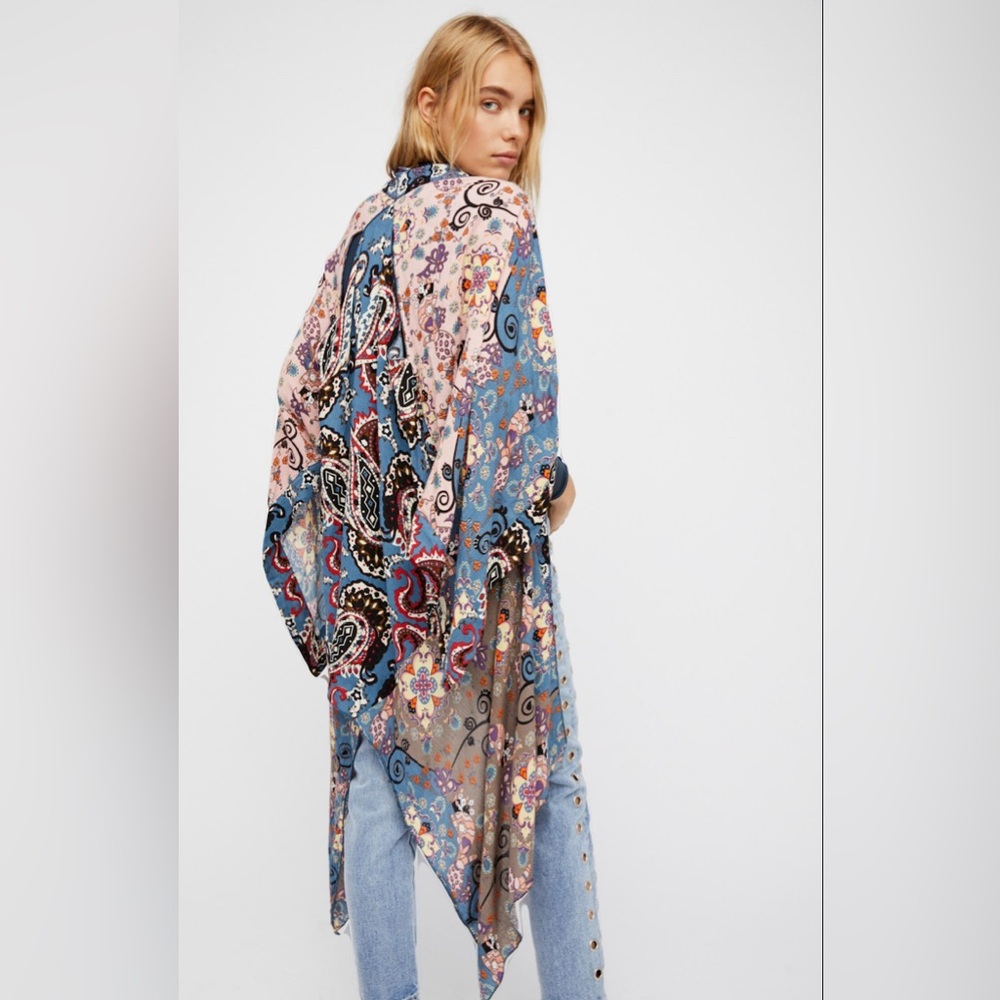 Free People Little Wing Mix Print Kimono Blue Pink Brown One Size
